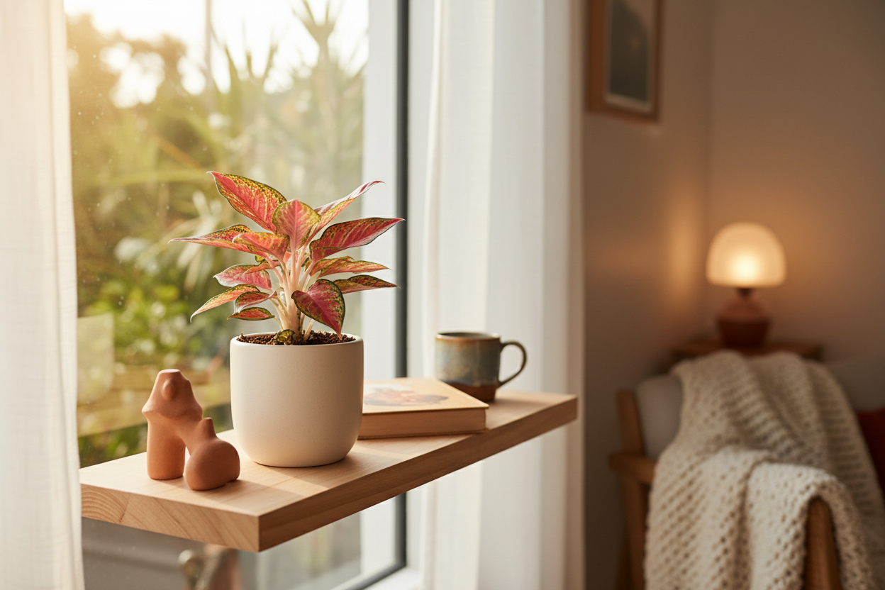 Baby Aglaonema Red Valentine in casa, su un tavolo o una mensola vicino ad una finestra