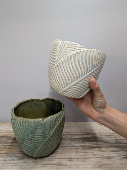 Portavaso in Ceramica con Motivo a Foglie Tropicali 12 cm